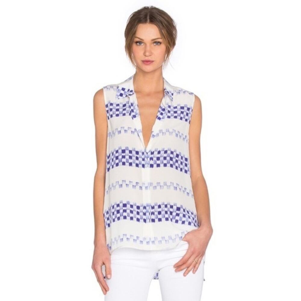 Equipment Femme Mika Blue Check Patterned 100% Silk Sleeveless Button Up Size XS